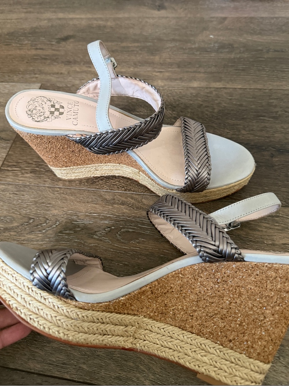 Vince Camuto Metallic Taupe Braided Strap Espadrille Wedges